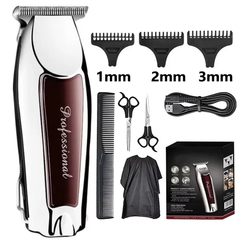 A professional electric hair clipper with various guard attachments, scissors, and a comb shown next to the trimmer.