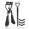 A black precision stainless steel eyelash curler set with a clamp and curler tool.