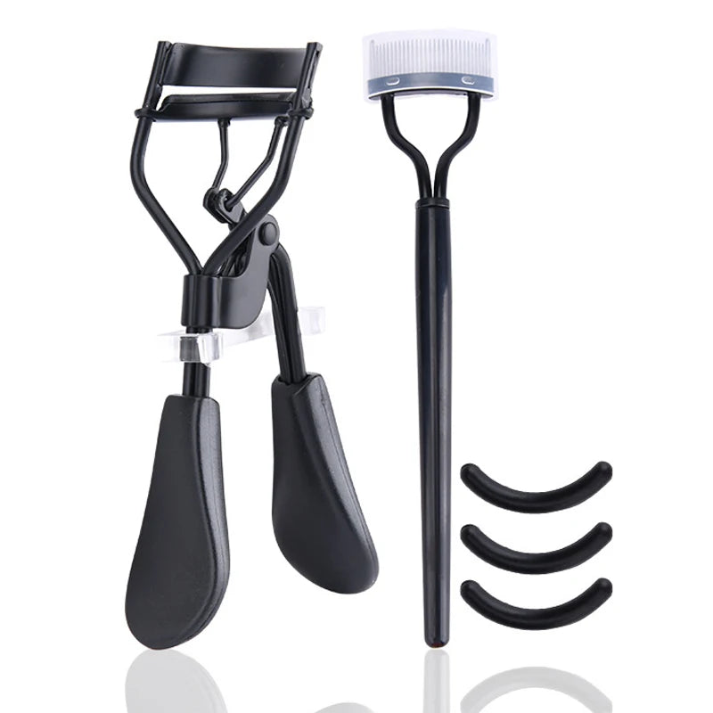 A black precision stainless steel eyelash curler set with a clamp and curler tool.