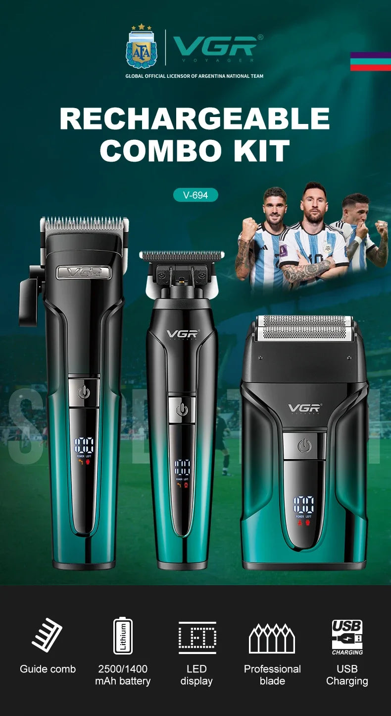 A set of three VGR rechargeable grooming kits including a trimmer, a shaver, and accessories.