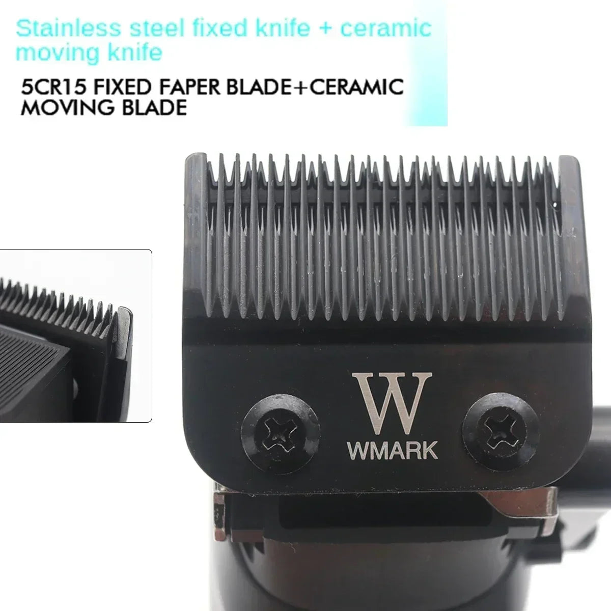 Close-up view of a black electric hair clipper with a moving blade and the WMARK logo.