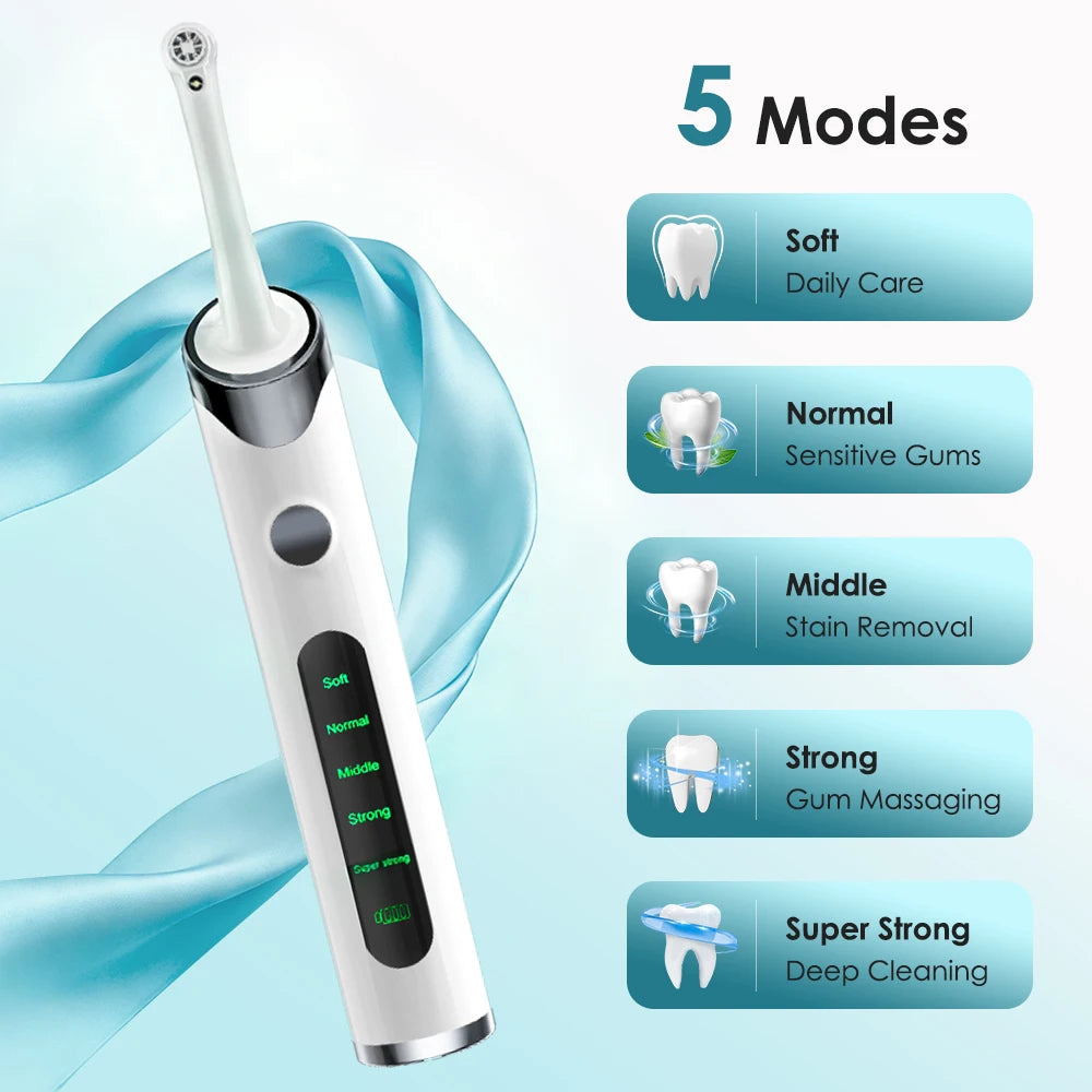 A white electric dental tooth polisher device with a handle and tip, shown next to five mode options.