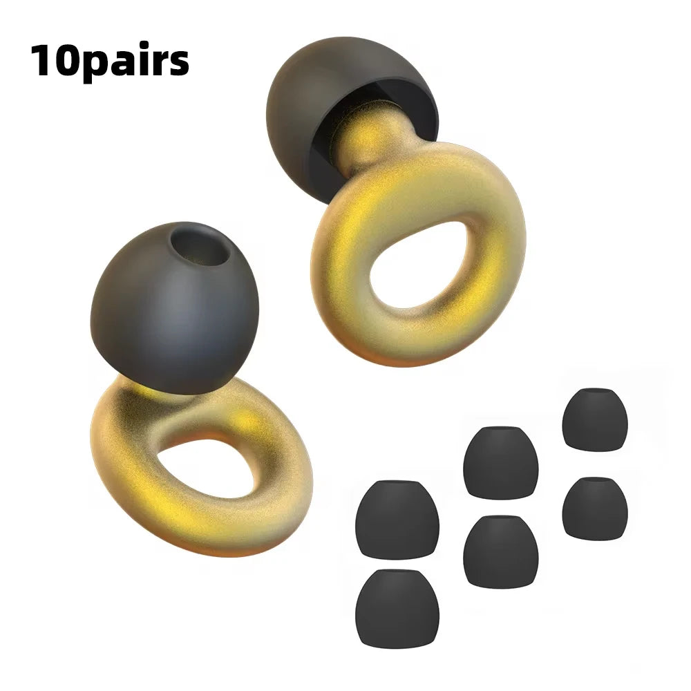 Dix paires de bouchons d'oreille en silicone or et noir présentés sous différentes formes.