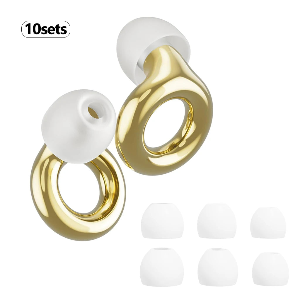 Ten sets of gold and white silicone earplugs for noise reduction