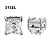 Silver crystal magnetic stud earrings for men featuring a square-cut stone and a polished metal post.