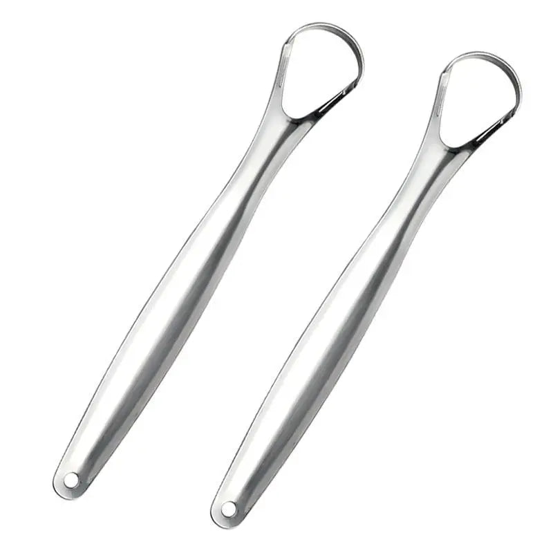 A pair of stainless steel tongue scrapers designed for oral hygiene.