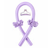 A purple satin heatless curling set with a bow, shaped like an 'X', for creating overnight waves.
