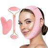 A woman is shown wearing a pink V-Line face shaping strap designed for jawline and double chin contouring.