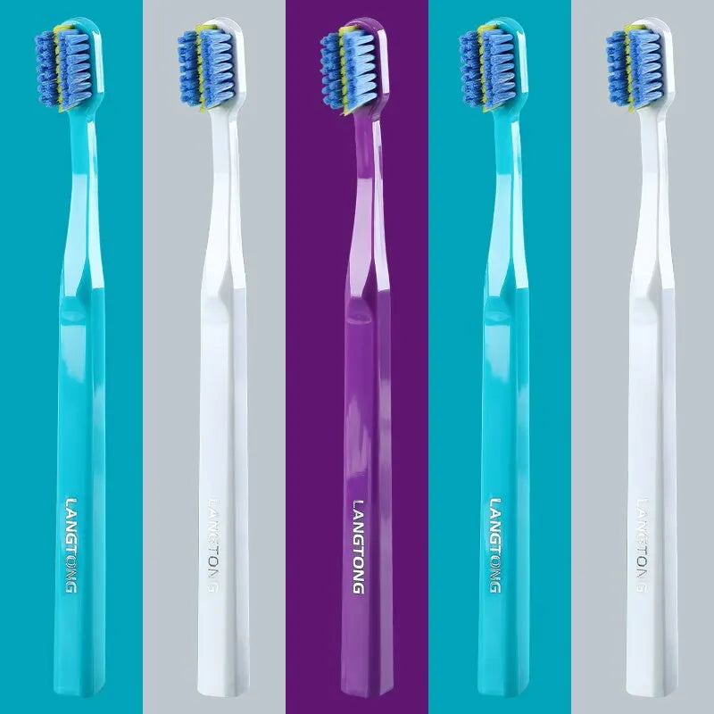 A set of three Langtong soft bristle toothbrushes in various shades of blue and purple.
