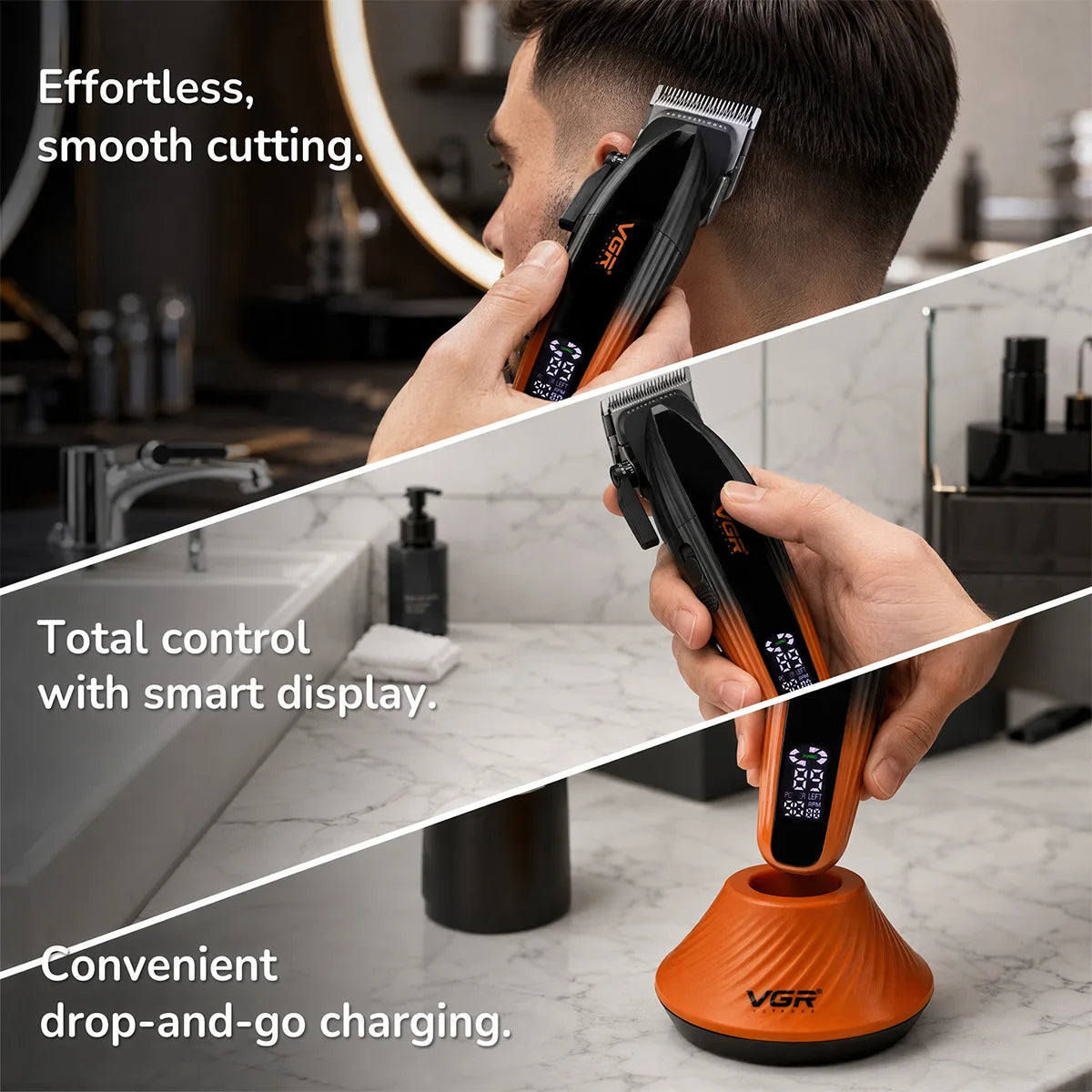 A hand is using an orange VGR cordless hair trimmer with a smart display for effortless cutting and convenient drop-and-go ch