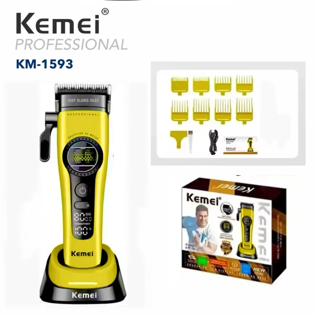A yellow Kemei KM-1593 professional electric hair clipper with a black base and various attachments.