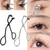 Stainless steel eyelash curler tools shown in various angles and usage examples for curling eyelashes