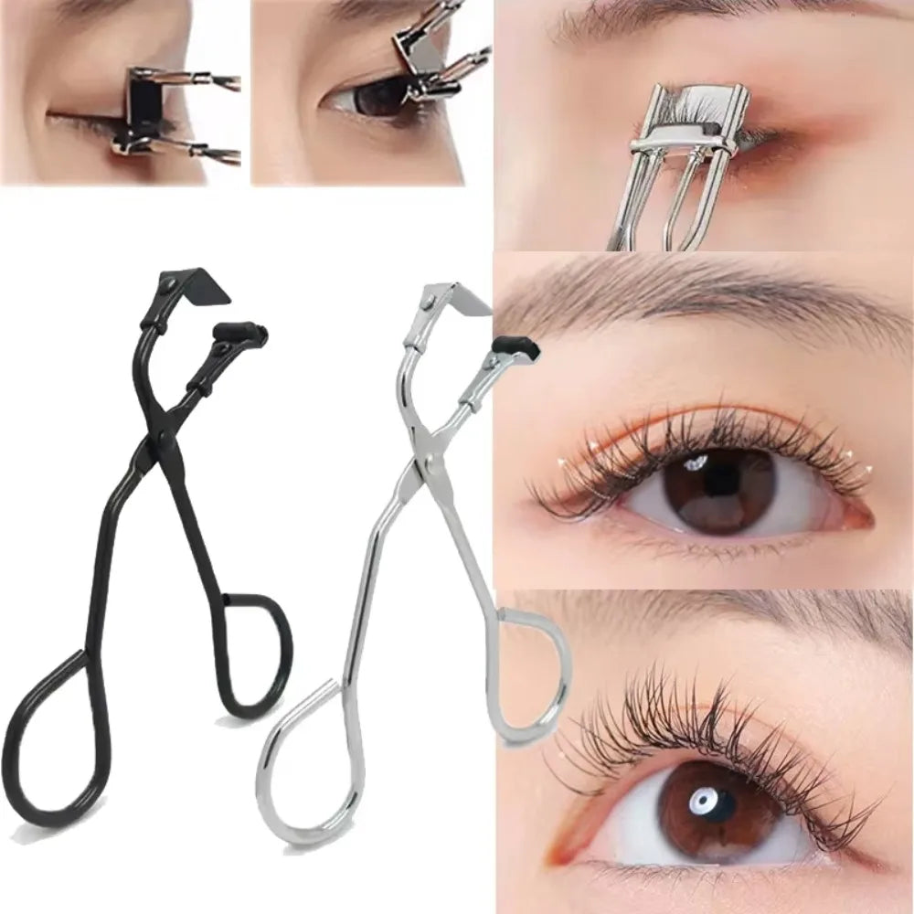 Stainless steel eyelash curler tools shown in various angles for curling eyelashes