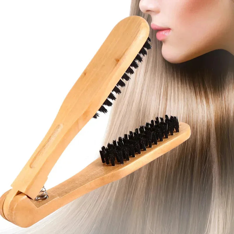 A woman's hair is being combed with a professional double-sided wooden hair comb.