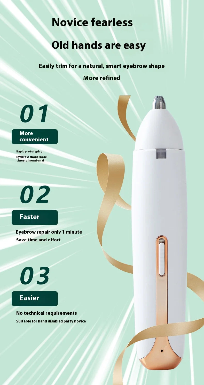 A white electric shaver and trimmer is shown with gold accents, demonstrating ease of use for eyebrow shaping.