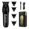 A black professional cordless hair clipper set with various guards and charging cables.