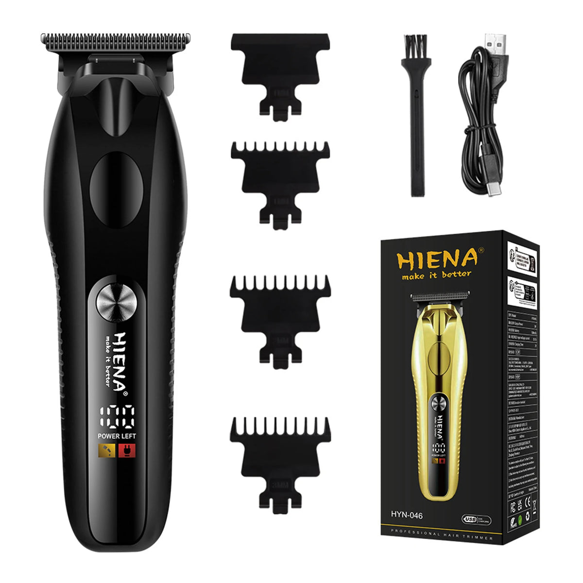 A black professional cordless hair clipper set with various guards and charging cables.