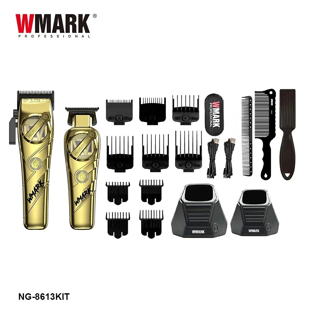A set of WMARK professional cordless hair trimmer tools including various guards and attachments.