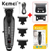 A black Kemei cordless hair trimmer with various attachments shown for grooming.