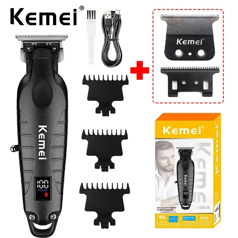 A black Kemei cordless hair trimmer with various attachments shown for grooming.