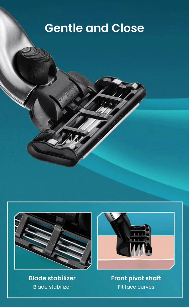 Close-up view of a professional shaving razor showing the blade stabilizer and front pivot shaft features.