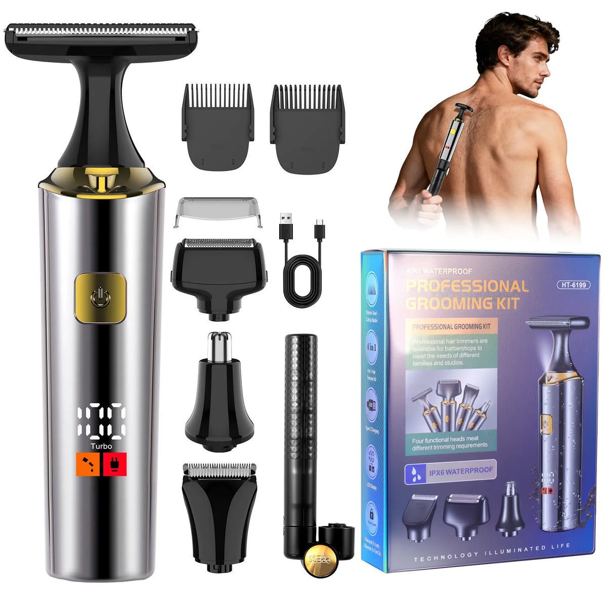 A silver electric grooming kit with multiple trimmer attachments and a male model demonstrating its use.