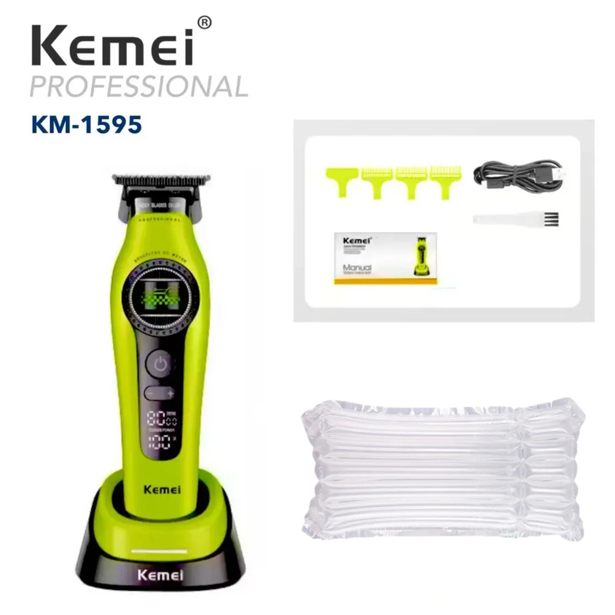 A yellow Kemei KM-1595 professional electric hair clipper with a black cord and replacement blades.