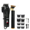 A black rechargeable barber kit with a hair trimmer, multiple guards, and accessories for hair and beard trimming.