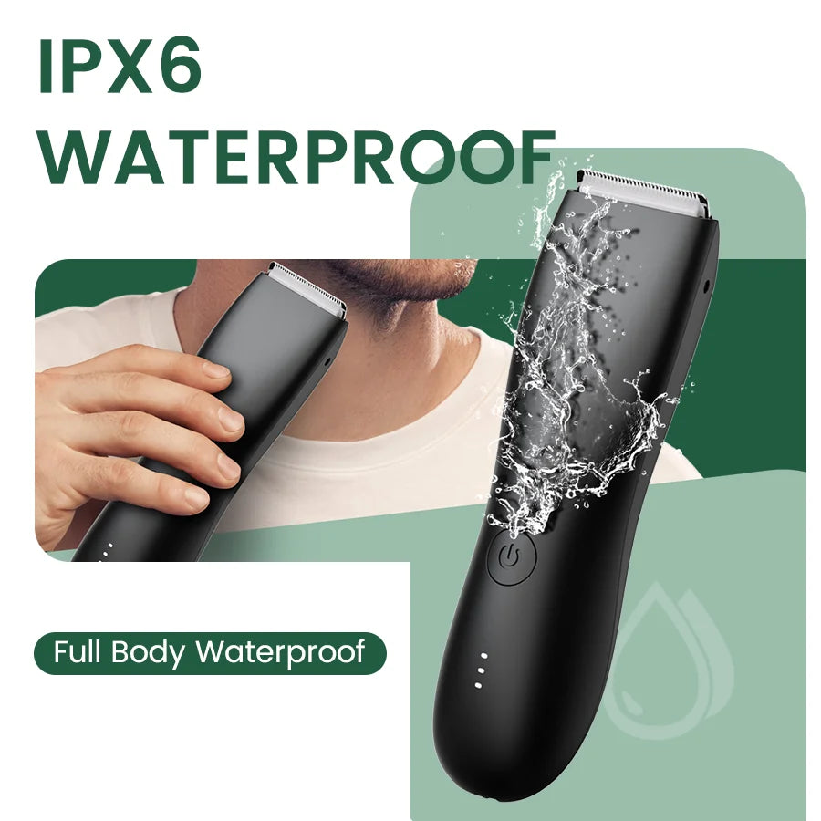 A black electric body shaver is shown being used, highlighting its IPX6 waterproof and full body waterproof features.