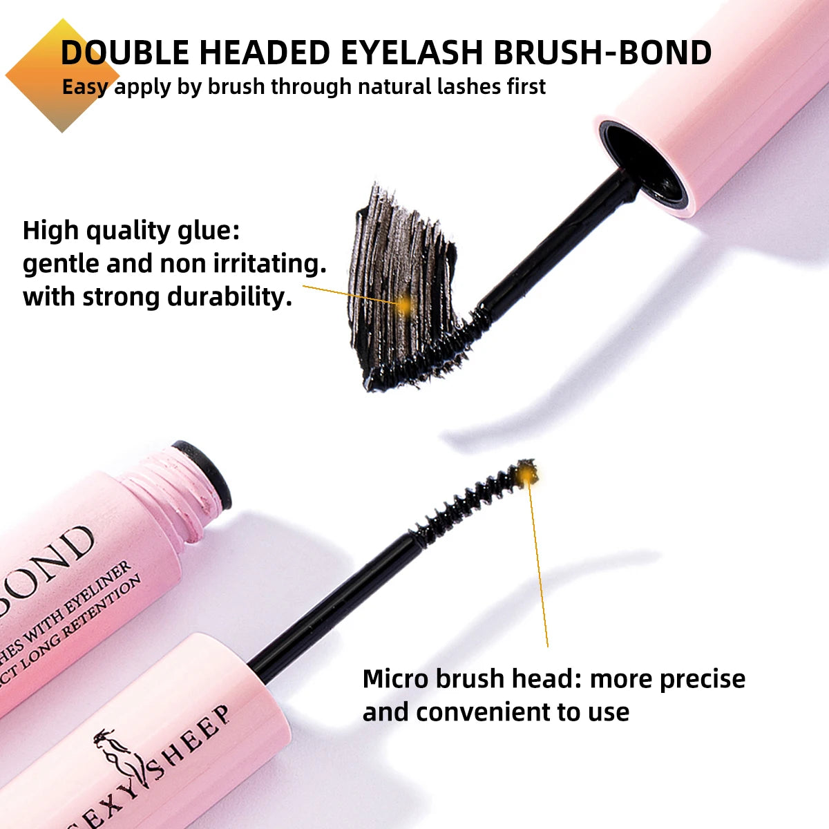 A pink double-headed eyelash brush-bond kit showing the brush head and applicator tool.