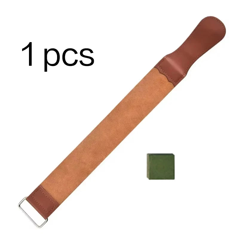 A brown leather sharpening strop with a green square piece attached.