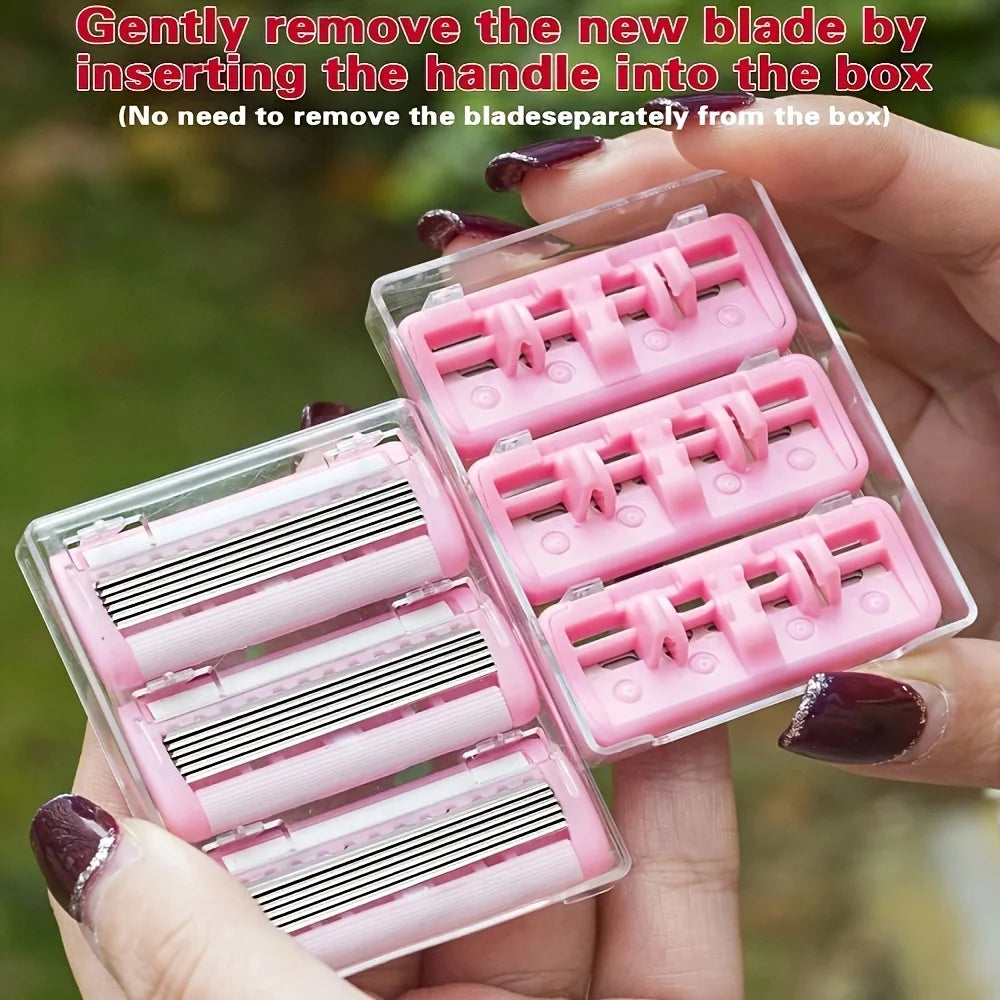 A hand inserts a handle into a box to gently remove a new blade from a professional 6-layer stainless steel safety razor set.
