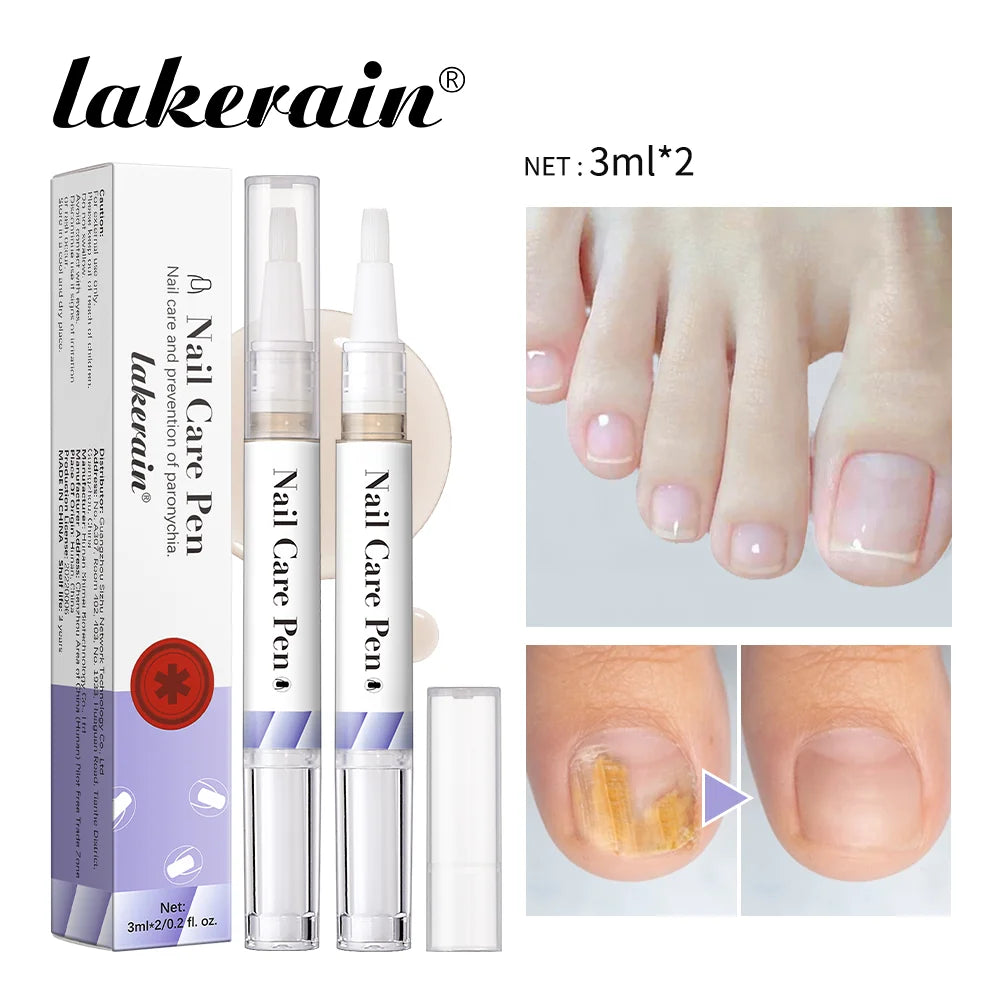 Packung von zwei Lakerain Nagelhaltepinsel für tiefe Feuchtigkeitspflege neben einer Hand mit behandeltem Nagel.