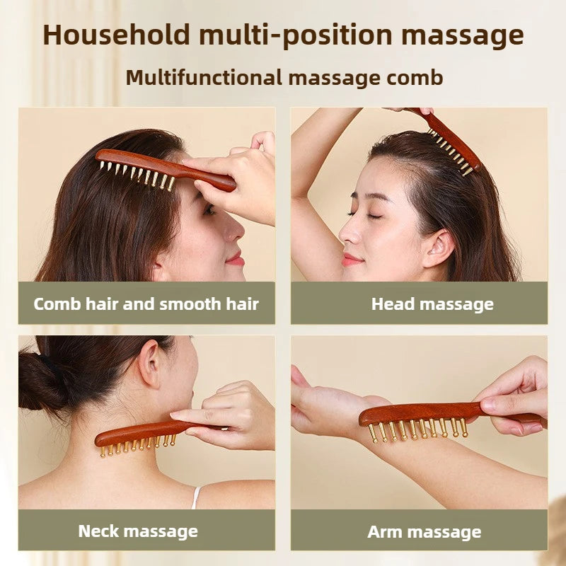 A set of natural wood multi-position massage combs used for hair, head, neck, and arm massage.