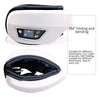 White portable eye massager with a black head, showing 180 degree folding and bending features.