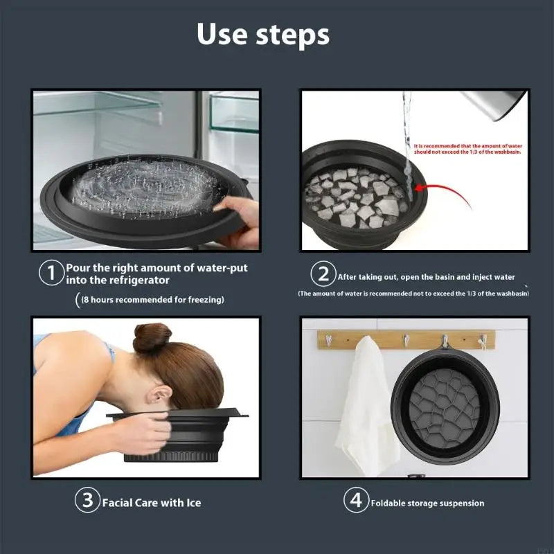 Instructions showing how to use a silicone foldable ice bath bowl for facial care, including pouring water and using it for i