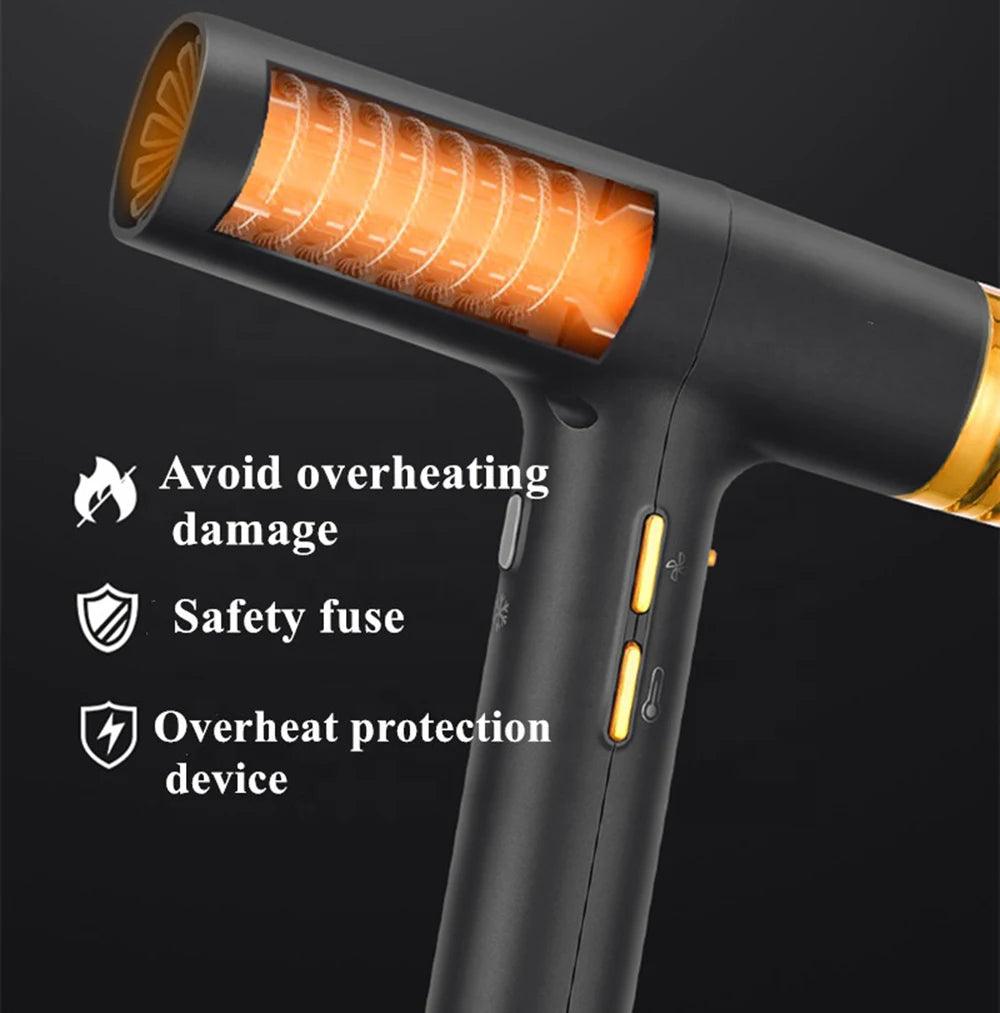 Schwarzer Profi-High-Speed-Haartrockner mit orangefarbener Heizung und Sicherheitsfunktionen.