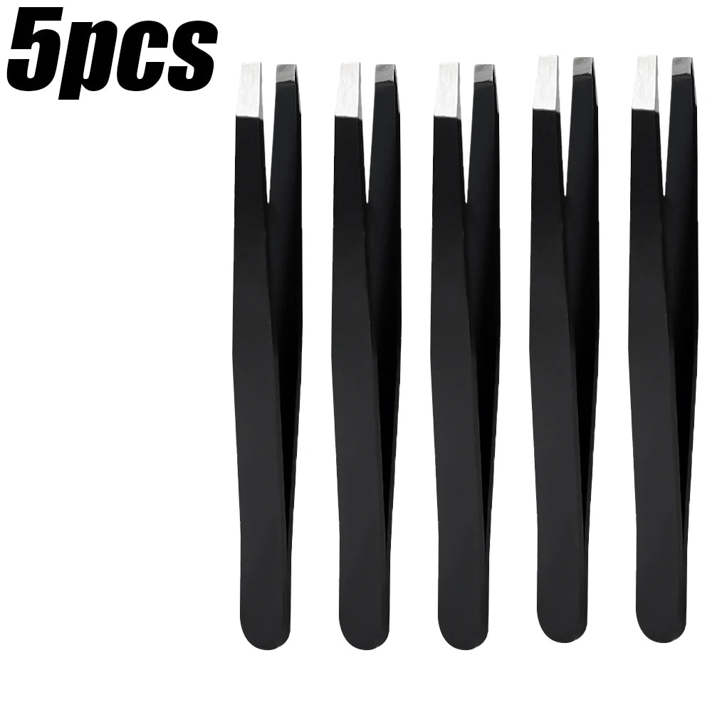 Five pairs of black precision stainless steel eyebrow tweezers for perfect shaping
