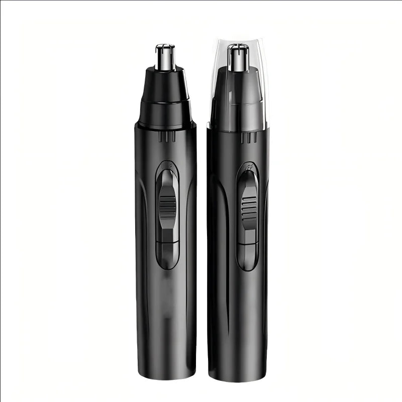 A black professional electric nose and ear hair trimmer with a clear protective cap.
