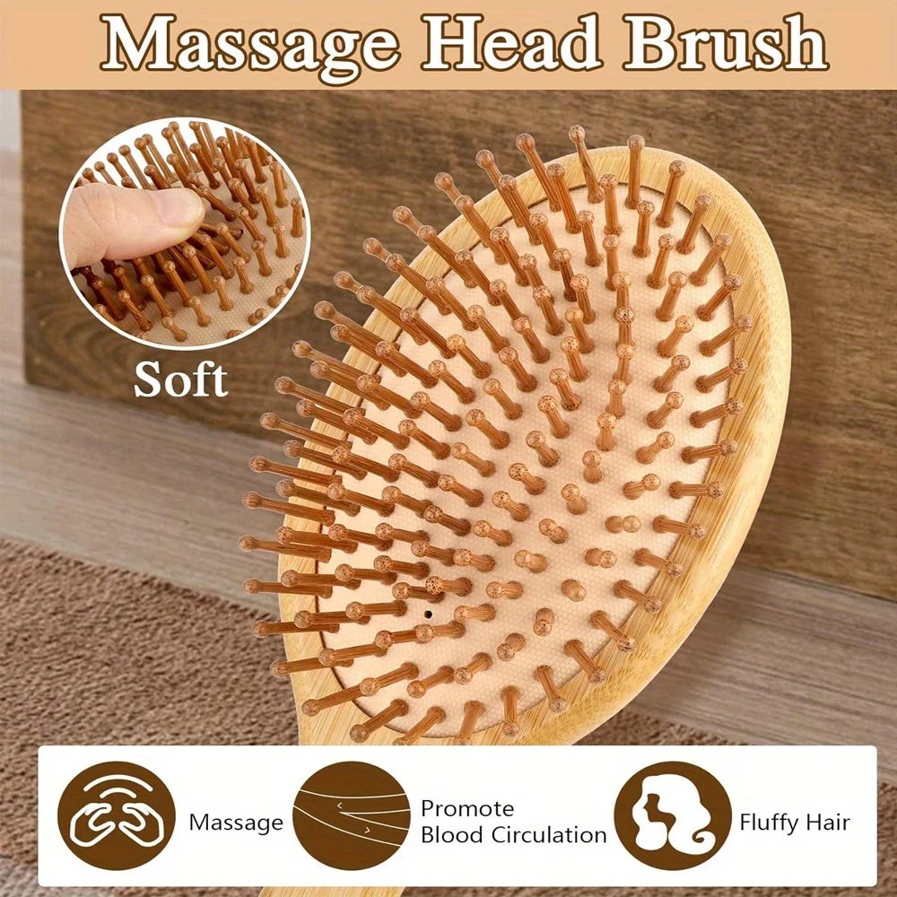 A wooden massage head brush used for scalp and hair massage, promoting blood circulation and fluffy hair.