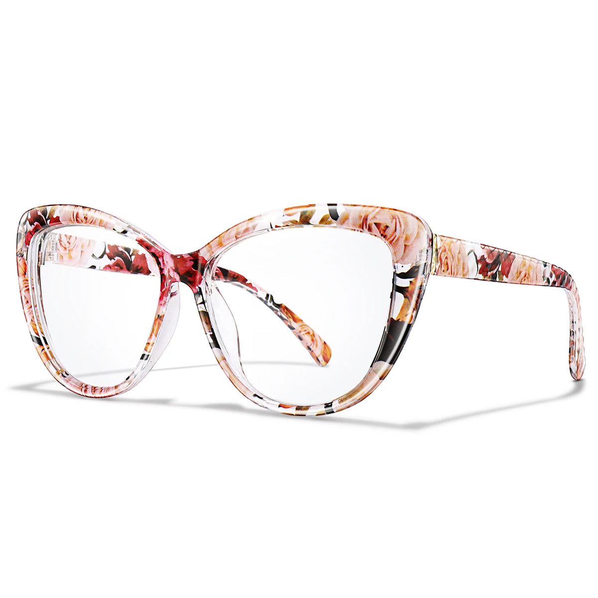 Clear cateye reading glasses with a marbled pink and brown pattern on the frame