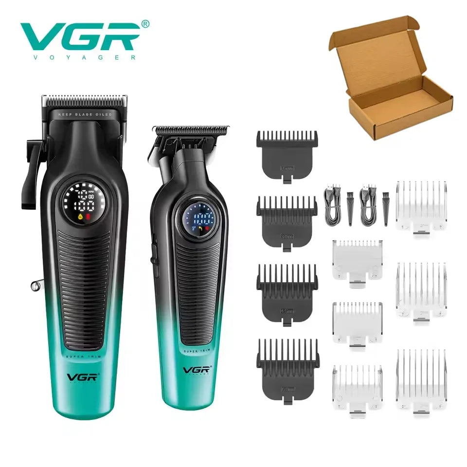 A set of VGR professional cordless hair clippers and accessories including blades and a box.