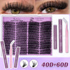 DIY-Kit für Wimpernverlängerungen mit lila Wimpern, Kleber und Pinzette.
