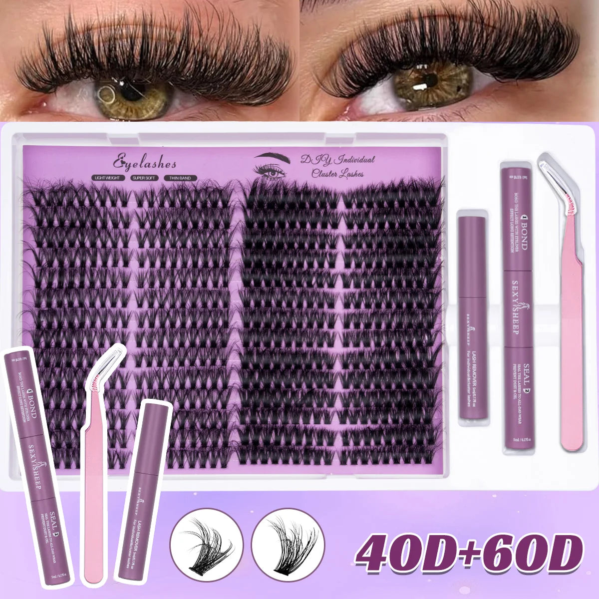 DIY-Kit für Wimpernverlängerungen mit lila Wimpern, Kleber und Pinzette.