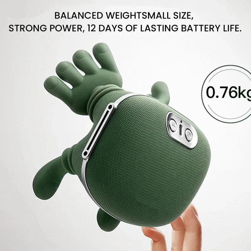 A hand holds a dark green deep tissue shiatsu massager for neck and shoulder relief.