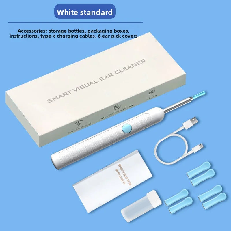 A white smart visual ear cleaner kit shown with accessories including bottles, boxes, charging cables, and cleaning tools.