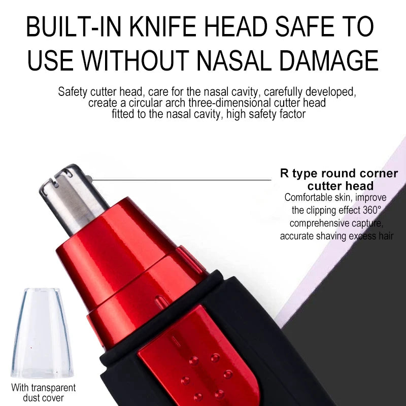 A red and black grooming trimmer with a built-in knife head is shown, featuring a transparent dust cover.