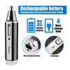 A silver rechargeable battery device for hair removal with an USB charging interface and LED display.