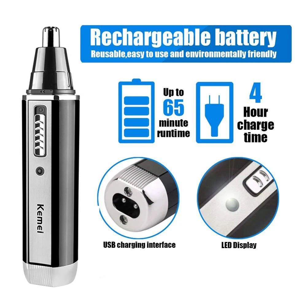 A silver rechargeable battery device for hair removal with an USB charging interface and LED display.