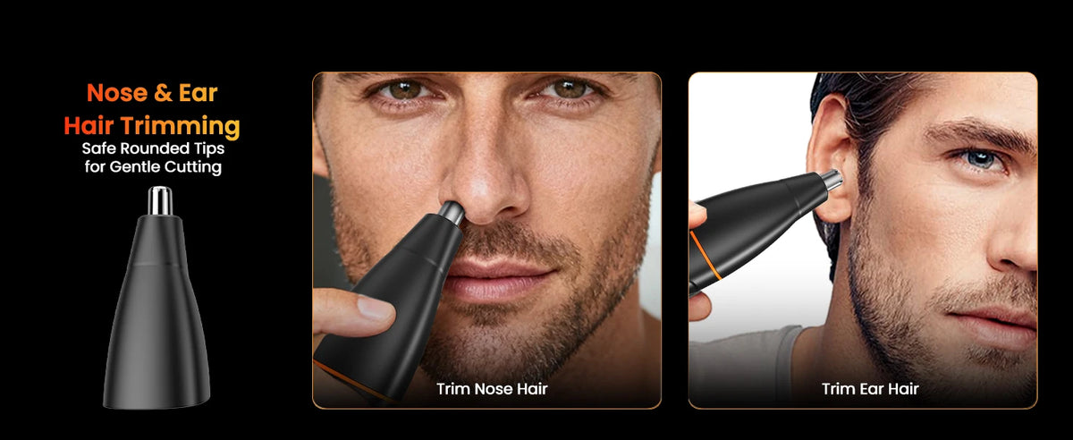 A grooming kit showing a nose trimmer and an ear trimmer for safe body hair cutting.